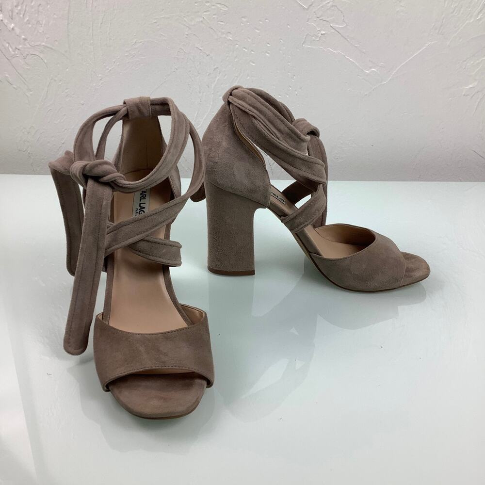 Karl Lagerfeld Racha Nude Suede Ankle tie Block heels warp sandals SZ 7.5M - Picture 5 of 12